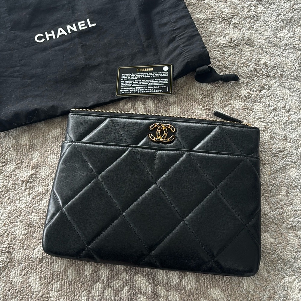 Chanel 19 Black Quilted O case Clutch in Lambskin with Gold Hardware 2021